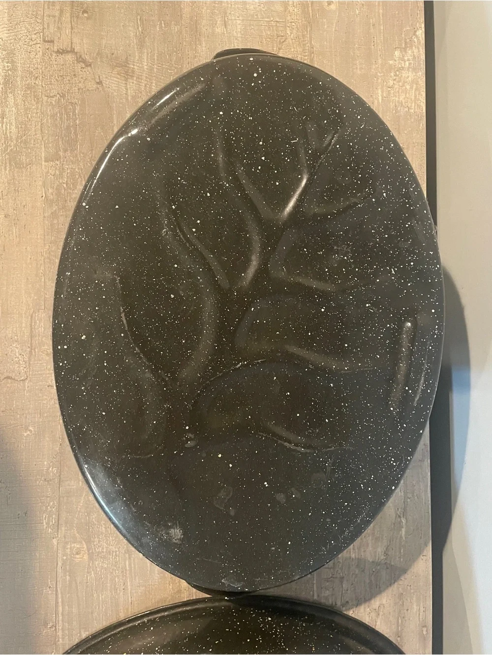 Vintage Black Speckled Enamel Graniteware Oval Roaster Pan Large Turkey w/ Lid